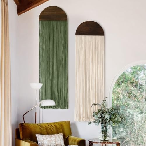 2Pcs Macrame Wall Hanging Boho Decor yarn Handmade Round Tassel 13.7"W*51"L - color: Ivory and Green