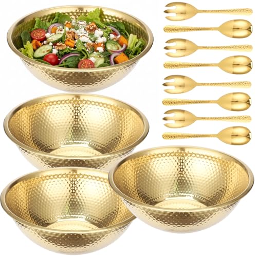 Joyibay 4 Pcs 13 Inch Gold Stainless Steel Salad Bowl Set, 8-Pc Utensil Set - color: 4pcs Gold Stainless Steel Bowl Set