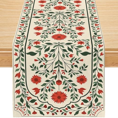 Vintage Floral Tbale Runner for Kitchen,Retro Traditional Indian Botanicl Flowers Foliage Table Top Decor for Dining Room,13x36 Inch - color: Red Green Floral, size: 13x36inch