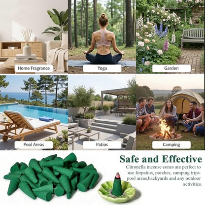 SCENTORINI Citronella Incense Cones, 120 Pcs Incense Cones with 1 Holder - color: Green Incense Cones