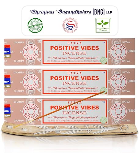 Satya Positive Vibes Incense Sticks, Satya Bng (Bangalore) Insenses 15gmx3 Pack (45 GMS) with Raajsee Incense Holder Bundle, Satya Nagchampa Natural Incense - color: Positive Vibes