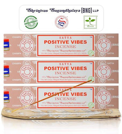 Satya Positive Vibes Incense Sticks, Satya Bng (Bangalore) Insenses 15gmx3 Pack (45 GMS) with Raajsee Incense Holder Bundle, Satya Nagchampa Natural Incense - color: Positive Vibes