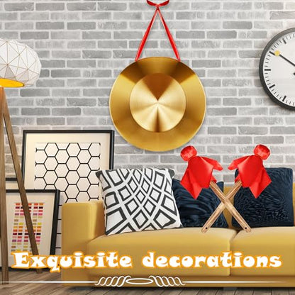 12.6 Inch Gong Percussion Instrument with Wooden Mallet and Red Hanging Ribbon Chinese Brass Gong for Home Office Celebration