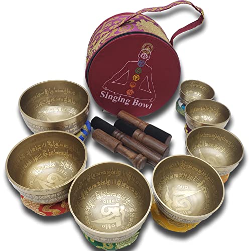 Khusi Tibetan singing bowls chakra sets, hand carved buddha mantra and symbol, sets of seven divine sound bowl.