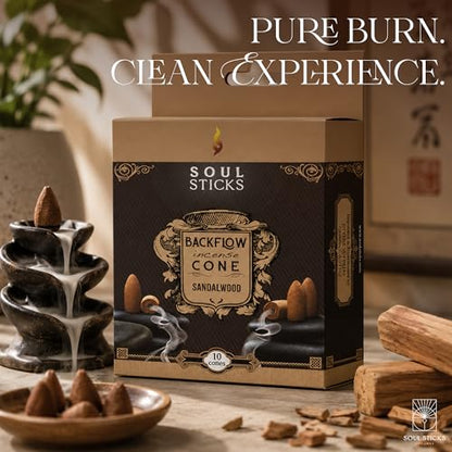 Soul Sticks Backflow Incense Cones – 40 Handmade Organic Cones for Waterfall Burner | 4 Pack Long Lasting Aromatic Scents | Thick White Smoke Incense for Meditation, Yoga & Gifts (Sandalwood) - color: Sandalwood