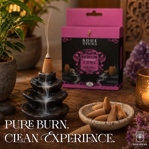 Soul Sticks Backflow Incense Cones – 40 Handmade Organic Cones for Waterfall Burner | 4 Pack Long Lasting Aromatic Scents | Thick White Smoke Incense for Meditation, Yoga & Gifts (Love Spell) - color: Love Spell