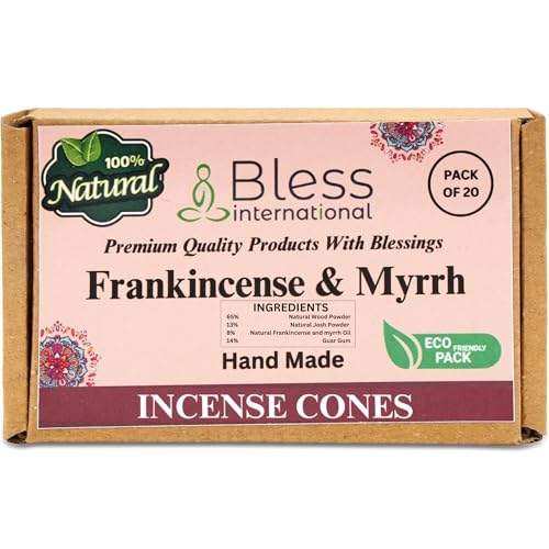 Bless International Frankincense-and-Myrrh 100%-Natural-Incense-Cones Handmade-Hand-Dipped Organic-Chemicals-Free for-Purification-Relaxation-Positivity-Yoga-Meditation The-Best-scents (20 Count) - color: Frankincense-and-myrrh, size: Pack Of 20 Cones