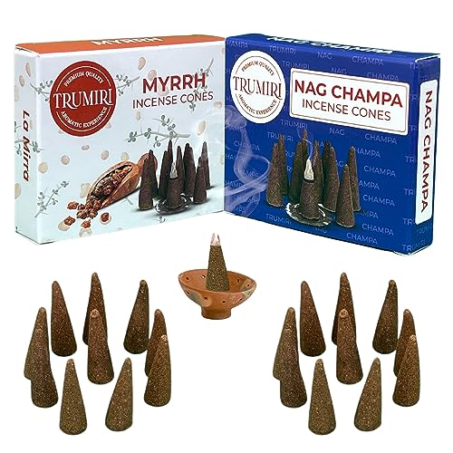 TRUMIRI Incense Cones - Combo Pack of 20 Cone Incense - 10 Myrrh + 10 Nag Champa - Insence Cones - Incense Cones Scented - Cone Incense Scents - Insense Cones - Incent Cone - color: Nag Champa Myrrh