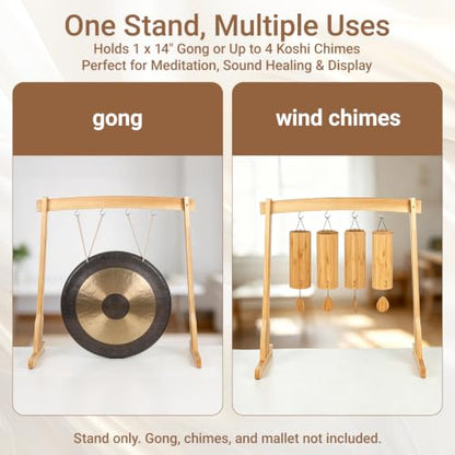 Wooden Wind Chime Stand & Gong Stand for 14 Inch Gong or 4 Koshi Chimes, Portable Tabletop Display Stand for Meditation, Sound Healing, Yoga Studio, Indoor Use with Base
