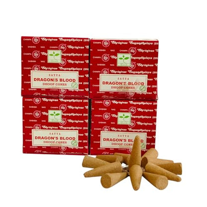 Satya Nag Champa Incense Cones for Meditation and Yoga, 48 Pieces, 4 Packs (Incense Dhoop Cones, Dragons Blood)