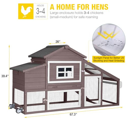 Aivituvin Chicken Coop with Run and Wheels, Mobile Outdoor Hen House Wooden Poultry Cage with Waterproof Roof (Brown, AIR23) - color: Brown, size: 67.3"L x 26.0"W x 39.4"H