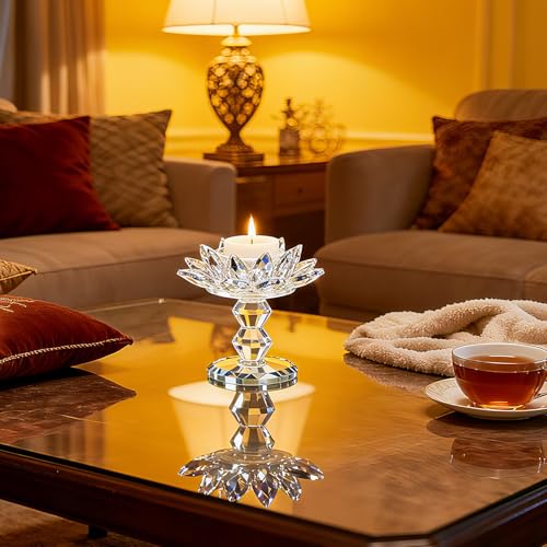 Crystal Lotus Flower Candle Holder, Votive Tealight Candlestick Stand for Table Centerpiece Party Wedding Decor Transparent