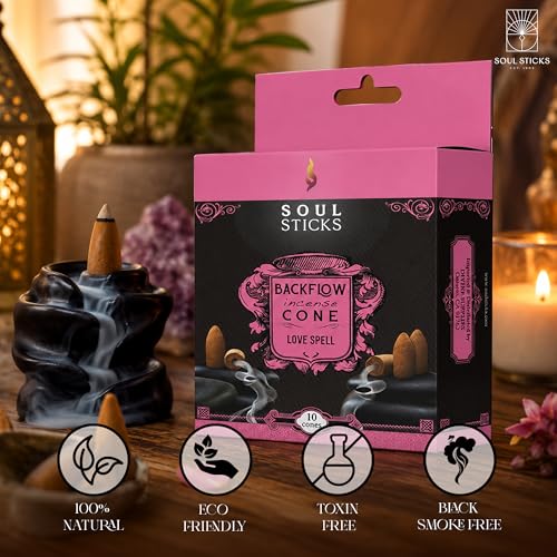 Soul Sticks Backflow Incense Cones – 40 Handmade Organic Cones for Waterfall Burner | 4 Pack Long Lasting Aromatic Scents | Thick White Smoke Incense for Meditation, Yoga & Gifts (Love Spell) - color: Love Spell