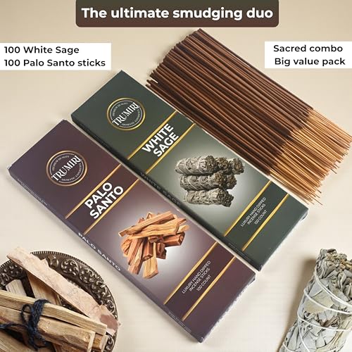 White Sage & Palo Santo - Combo Pack of Incense Sticks - 100 Insence-Sticks of Each Scent - Total 200 Inscents - Incienso for Smudge Rituals and Spiritual Cleansing of Negative Energies - color: White Sage & Palo Santo