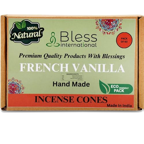 Bless International French-Vanilla 100%-Natural-Incense-Cones Handmade-Hand-Dipped Organic-Chemicals-Free for-Purification-Relaxation-Positivity-Yoga-Meditation The-Best-scents (60 Count) - color: French-vanilla, size: Pack Of 60 Cones
