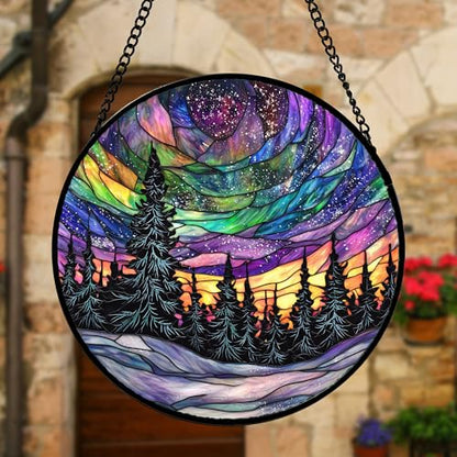 Van Gogh Night Scene Stained Glass Window Hanging Suncatcher Gifts 12" - color: Blue, size: 11.8x11.8 IN