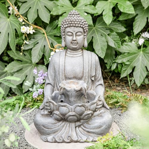 Glitzhome Buddha Fountain Outdoor with Pump & LED Light 23.25" H, 2-Tier Zen Style Concrete Meditating Buddha Statues Water Fountains Floor Fountains Buddhas Sculpture for Garden Patio Backyard - color: Concrete Buddha W/Lotus Leaf&flower Basins, size: 23