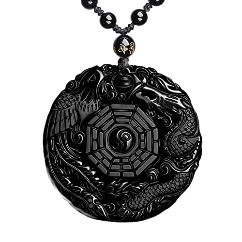 ASGIFT Black Obsidian Necklace Lucky Amulet Protection Pendant with Extended Bead Chain Healing Crystal Stone Talisman Necklaces Jewelry - color: Dragon-Phoenix