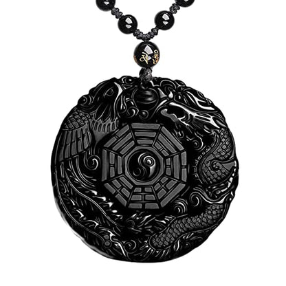 ASGIFT Black Obsidian Necklace Lucky Amulet Protection Pendant with Extended Bead Chain Healing Crystal Stone Talisman Necklaces Jewelry - color: Dragon-Phoenix