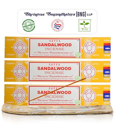 Satya Nagchampa Sandalwood Incense Sticks, Satya Bng (Bangalore) Insenses 15gmx3 Pack (45 GMS) with Raajsee Incense Holder Bundle, Satya Nagchampa Natural Incense - color: Sandalwood