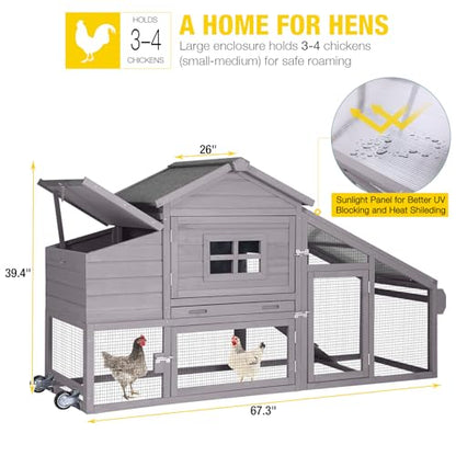 Aivituvin Chicken Coop with Run and Wheels, Mobile Outdoor Hen House Wooden Poultry Cage with Waterproof Roof (Grey, AIR23) - color: Grey, size: 67.3"L x 26.0"W x 39.4"H