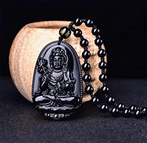 ASGIFT Black Obsidian Necklace Lucky Amulet Protection Pendant with Extended Bead Chain Healing Crystal Stone Talisman Necklaces Jewelry - color: Mahasthamaprapta