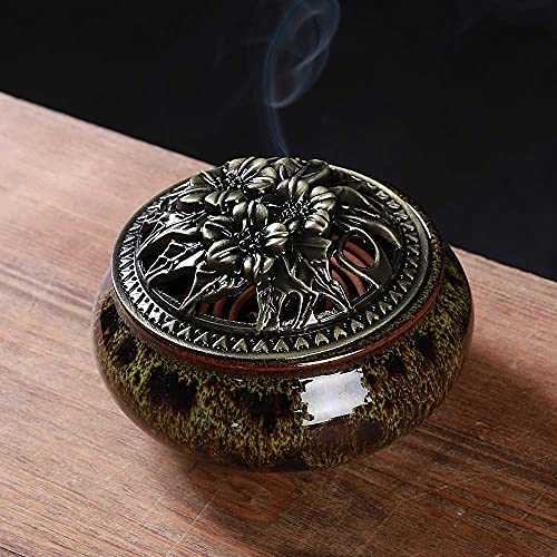 Incense Burner with Calabash Incense Stick Holder - Porcelain Charcoal Censer for Use with Resin Granular Powder Cone or Coil Incense (Fambe Green) - color: Fambe Green