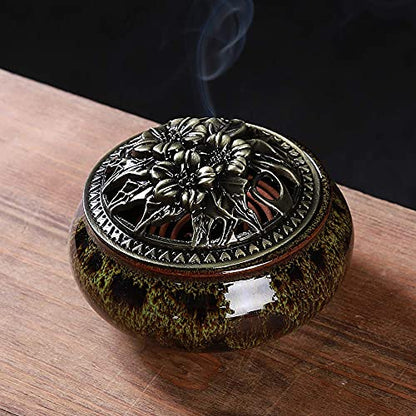 Incense Burner with Calabash Incense Stick Holder - Porcelain Charcoal Censer for Use with Resin Granular Powder Cone or Coil Incense (Fambe Green) - color: Fambe Green