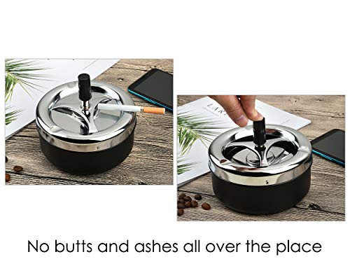 Round Push Down Ashtray with Spinning Tray Metal Cigarette Ash Tray Large 5.2 Inches Home Ashtray for Indoor and Outside Patio (Silver) - color: Silver