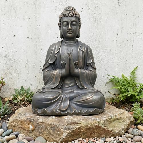 Sculptures Buddha Statue, Garden Statues 23.6 Inch Tall, Large Magnesium Oxide Buddha Sculpture Indoor & Outdoor, Statue for Home Decor Yard Porch Patio, Dark Gray with Gold Accents - color: Dark Gray With Gold Accents
