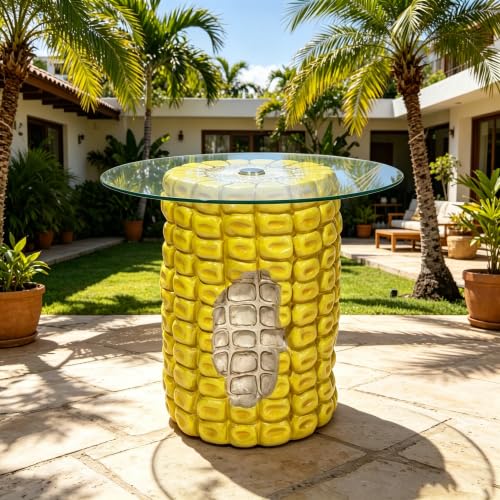 17.32" Novelty Corn Cob Side Table with Glass Top, Resin Corn End Table, Farmhouse Accent Table for Living Room, Patio, Garden, Balcony & Home Decor - color: Corn Cob Side Table