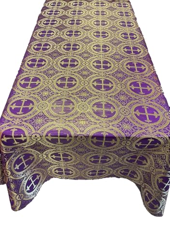 New Creations Fabric & Foam Inc, Rectangular Metallic Cross Brocade Jacquard Satin Tablecloth Overlay/Religious Brocade/Liturgical Fabric/Church. (Purple-Gold, 60" x 108" Inches)