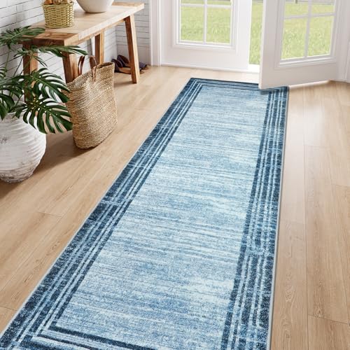 Lahome Amabel Abstract Runner Rug,2.5x8 Hallway Runner Rug Non-Slip Washable Blue Kitchen Runner Rugs, Soft Bedroom Runner Minimalist Solid Indoor Carpet Runners for Entryway Bathroom Laundry Room - color: Dark Blue Border/White, size: 2.5' x 8' (Runner)