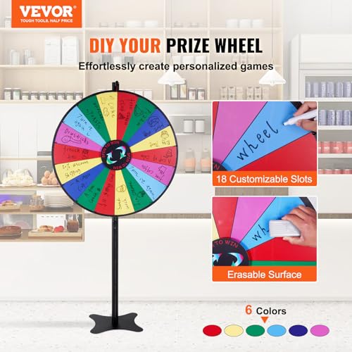 VEVOR 36 inch Spinning Prize Wheel, 18 Slots Spinning Wheel, Roulette Wheel with a Dry Erase and 2 Markers, Tabletop or Floor Standing Win Fortune Spin Games in Party Pub Trade Show Carnival - style: 36 INCH
