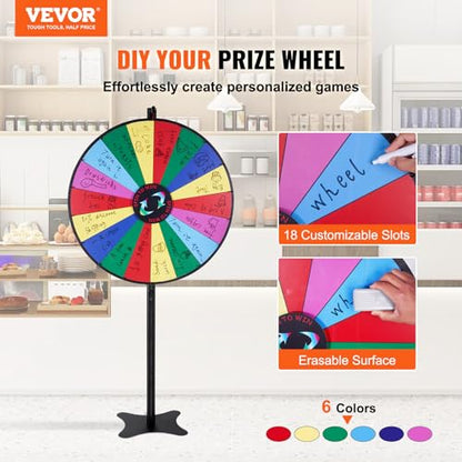 VEVOR 36 inch Spinning Prize Wheel, 18 Slots Spinning Wheel, Roulette Wheel with a Dry Erase and 2 Markers, Tabletop or Floor Standing Win Fortune Spin Games in Party Pub Trade Show Carnival - style: 36 INCH