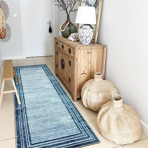 Lahome Modern Abstract Runner Rug, Washable Blue 2x6 Runners for Hallways Non Slip Bathroom Rug Runners, Low-Pile Soft Kitchen Runner Rubber Backed Carpet Runner for Bedroom Entryway - color: Dark Blue Border/White, size: 2' x 6' (Runner)