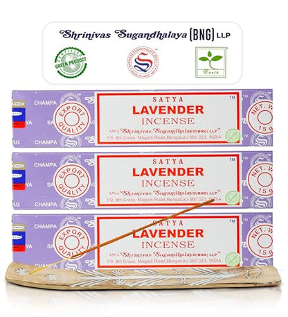 Satya Lavender Incense Sticks, Satya Bng (Bangalore) Insenses 15gmx3 Pack (45 GMS) with Raajsee Incense Holder Bundle, Satya Nagchampa Natural Incense - color: Lavender