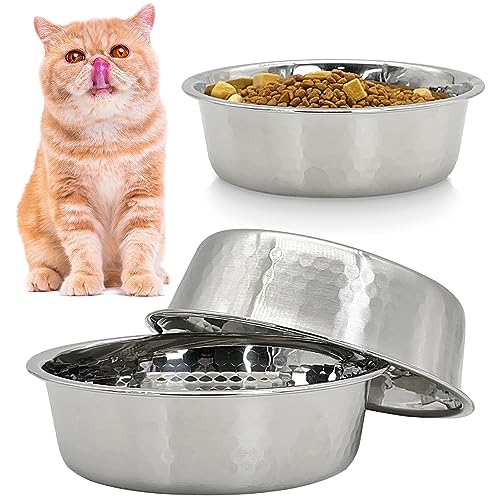 Fhiny 3 Pack Hammered Stainless Steel Cat Bowls, 2 Cups/16 Oz Premium Metal Puppy Feeder Bowl Set for Raised Feeding Station Basic Kitten Food & Water Dishes for Small & Medium Pets Dishwasher Safe - size: 2 Cups/16 Oz