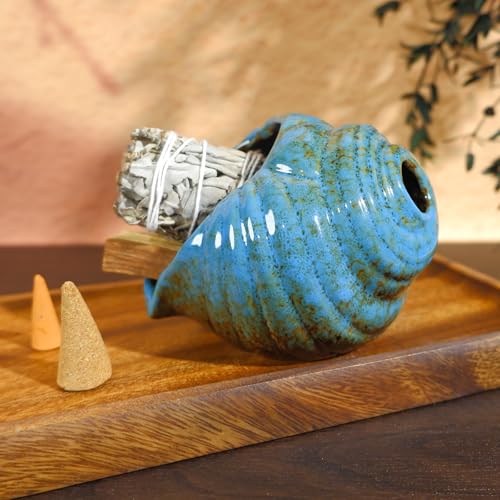 MOUGIGI Blue Conch Chiminea Palo Santo Burner - Ceramic Smudging Bowl - color: Blue