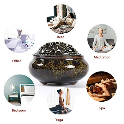 Incense Burner with Calabash Incense Stick Holder - Porcelain Charcoal Censer for Use with Resin Granular Powder Cone or Coil Incense (Fambe Green) - color: Fambe Green