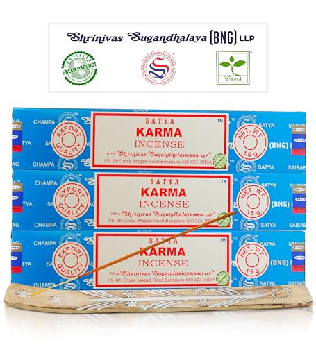 Satya Karma Incense Sticks, Satya Bng (Bangalore) Insenses 15gmx3 Pack with Raajsee Incense Holder Bundle, Satya Nagchampa Natural Incense - color: Karma