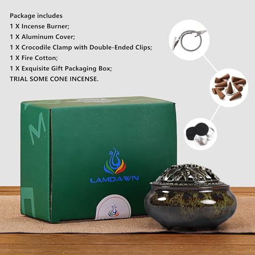 Incense Burner with Calabash Incense Stick Holder - Porcelain Charcoal Censer for Use with Resin Granular Powder Cone or Coil Incense (Fambe Green) - color: Fambe Green