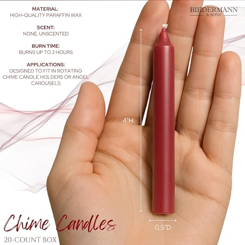 Biedermann & Sons Red Chime Candles (Set of 20), Unscented Tree and Chime Tapers, 4 Inch Tall 0.5 Inch Diameter, 2 Hour Long Burning Dripless Paraffin, for Angel Chime Carousels and Holders - color: Red