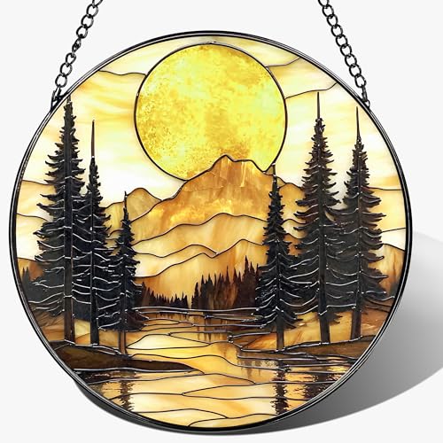 8-Inch Stained Glass Ornament, Stained Glass Window Hanging, Window Hanging Decor Suncatcher, Mountain Sunset Ornament | Holiday, Mother’s Day, Housewarming | Gifts for Nature Lovers, Friend & Family - color: Mountain Sunset