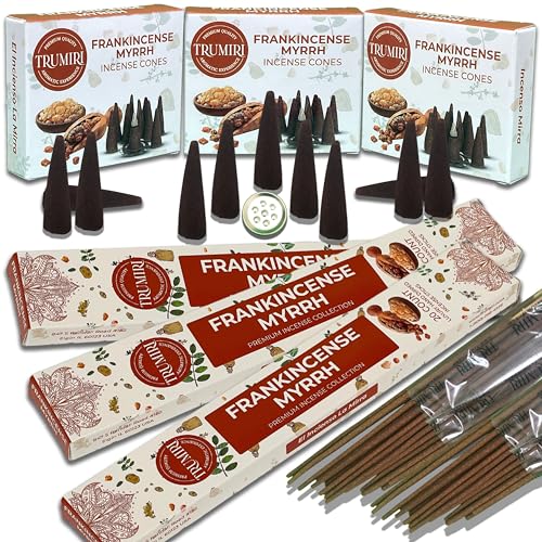 Frankincense Myrrh Scented Incense Sticks & Incense Cones Combo Pack - 60 Insence-Sticks + 30 Insence Cones - Inscense - Incense Cones Scented - Insents - color: Frankincense Myrrh