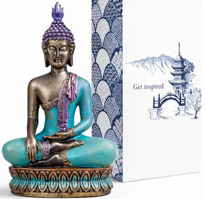 Large 12.5-Inch Polyresin Buddha Statue, Hand-Painted Sea Blue & Purple - color: Sea Blue and Purple
