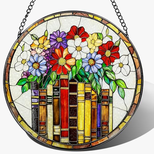 8-Inch Flower Books Stained Glass Ornament, Stained Glass Window Hanging, Window Hanging Decor Suncatcher – Holiday Decor | Gifts for Bookworm, Book Reader, Book Lovers | Holiday Decorators - color: Flower Book