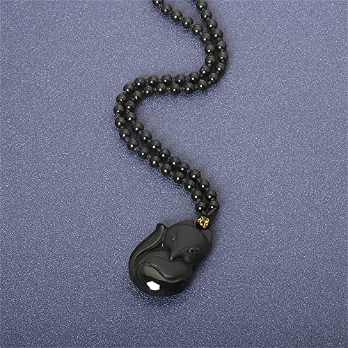 ASGIFT Black Obsidian Necklace Lucky Amulet Protection Pendant with Extended Bead Chain Healing Crystal Stone Talisman Necklaces Jewelry - color: Fox-S