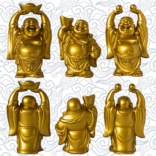 Set of 6 Laughing Happy Buddha Statue Resin Figurines Feng Shui for Luck Wealth Good Gift and Collection (4.5'', Gold) - color: Gold, style: 4.5''
