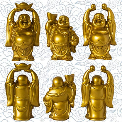 Set of 6 Laughing Happy Buddha Statue Resin Figurines Feng Shui for Luck Wealth Good Gift and Collection (4.5'', Gold) - color: Gold, style: 4.5''